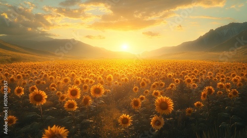 Golden sunflower field at sunset