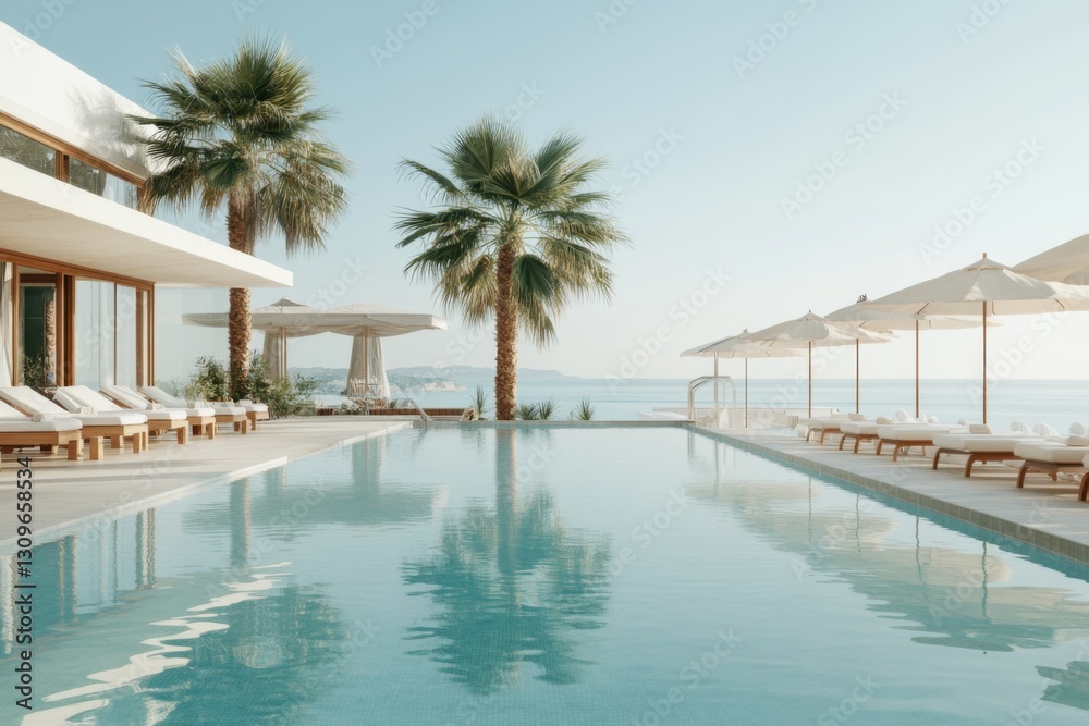 Luxurious hotel pool with palm trees overlooking the ocean in a serene coastal setting Luxurious hotel pool with palm trees overlooking the ocean in a serene coastal setting