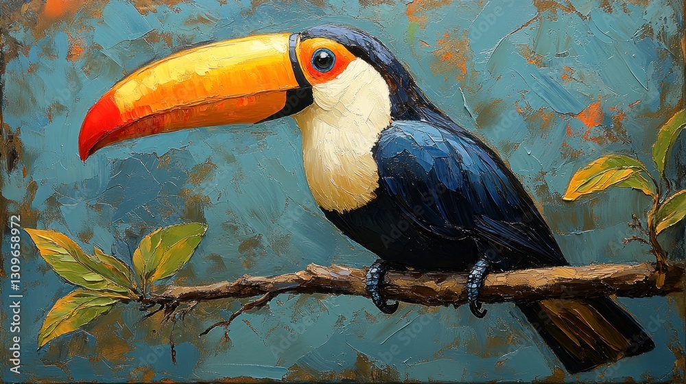Naklejka premium Colorful toucan portrait on textured canvas
