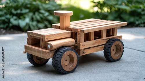 Wooden toy truck outdoors, garden background, child's play (1) photo