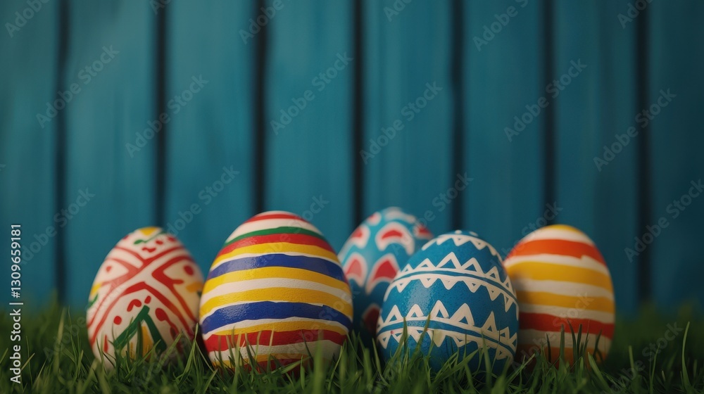 Fototapeta premium Colorful Easter Eggs on Green Grass Against Blue Background