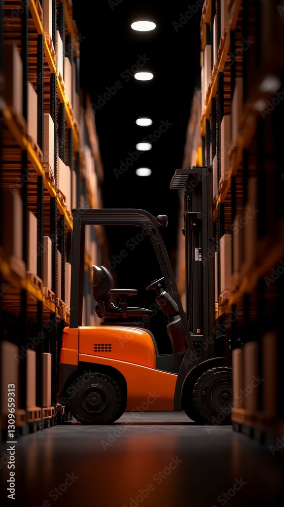 Naklejka premium Forklift in Warehouse Aisle with Pallet Racks and Illumination for Inventory Handling Operations