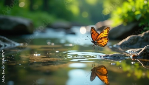 Butterflies flit about the surface of a stream, reflections, water