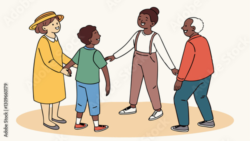 Family Bonding Vector, Child with Grandparents, Generational Connection Art, Happy Family Moment, Cartoon Family Scene