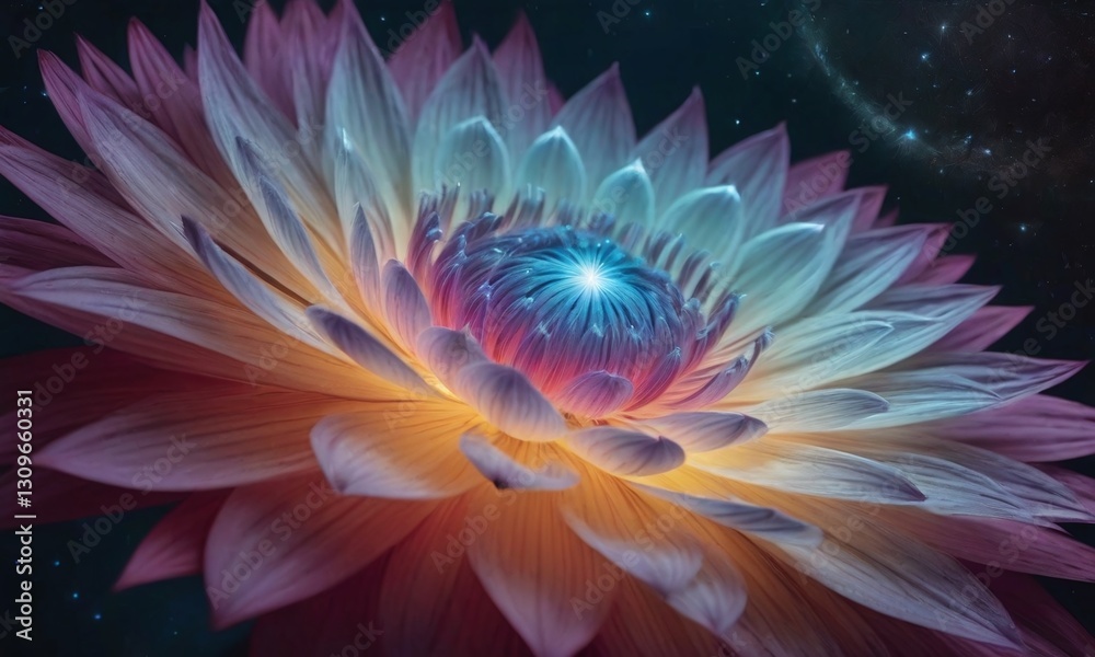 A radiant, stylized flower with multi-toned petals and a captivating blue-purple-green center with a bright light spot glows against a dark starry sky A radiant, stylized flower with multi-toned petals and a captivating blue-purple-green center with a bright light spot glows against a dark starry sky