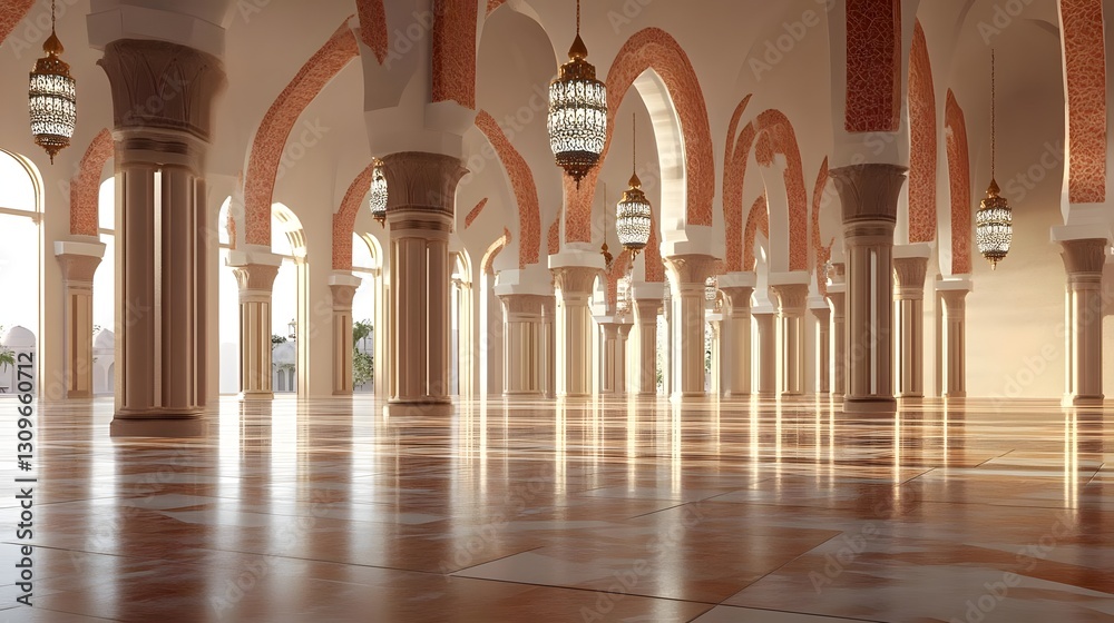 Fototapeta premium Elegant interior of a grand hall with arches and lanterns, showcasing intricate architecture and serene ambiance