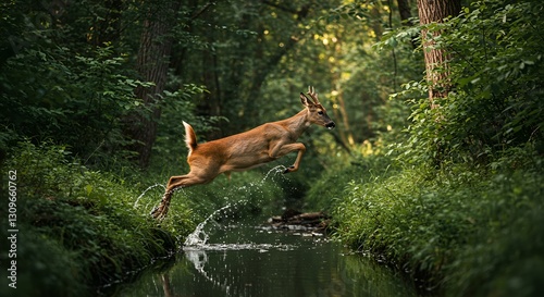 A graceful deer leaping over a small creek in a lush green forest, droplets of water splashing, sunlight filtering through the trees