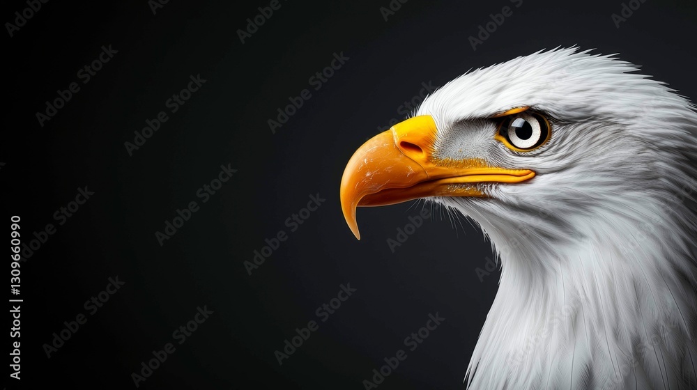 Bald Eagle Portrait Profile with Detailed Plumage and Intense Gaze on a Dark Background Closeup View Bald Eagle Portrait Profile with Detailed Plumage and Intense Gaze on a Dark Background Closeup View
