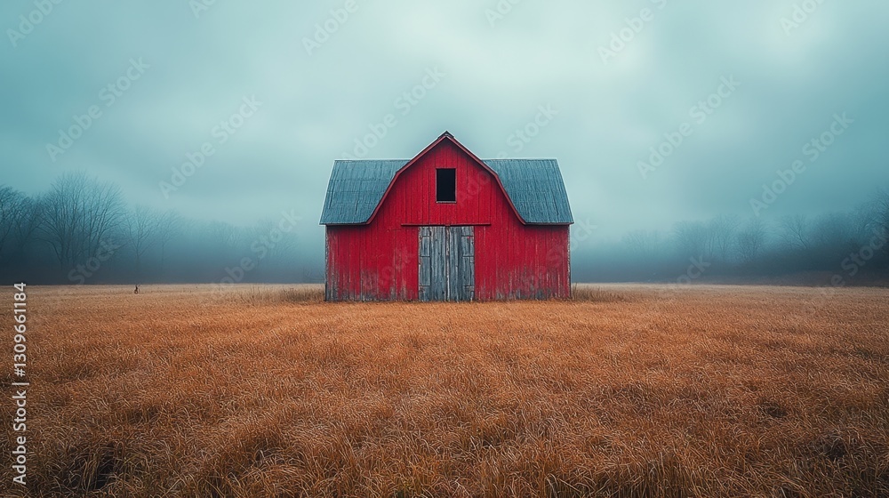 Red Barn in the Fog: An iconic red barn stands boldly amidst a field of golden grasses, shrouded in an atmospheric layer of morning mist. Its weathered wooden facade exudes a sense of rustic charm. Red Barn in the Fog: An iconic red barn stands boldly amidst a field of golden grasses, shrouded in an atmospheric layer of morning mist. Its weathered wooden facade exudes a sense of rustic charm.