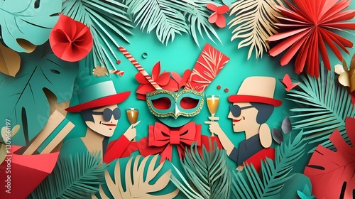 Vibrant Paper Cut Style New Year s Eve Mask Party in 2026 with Colorful Confetti Tropical Leaves and Festive photo