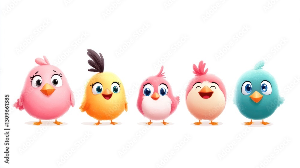 Obraz premium Five colorful cartoon birds stand in a line against white background