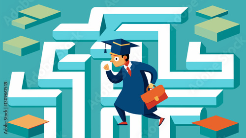 An illustration of a maze with a graduate trying to navigate through different loan forgiveness programs to find the best fit.. Vector illustration