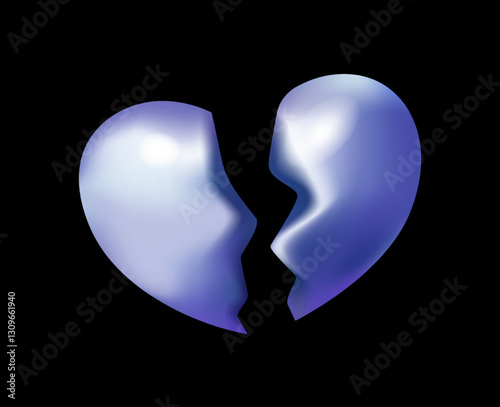 3d holographic heart. Iridescent chromatic heart with two broken halves. Broken heart as symbol of romantic relationship breakup. Vector illustration in y2k style isolated on black background