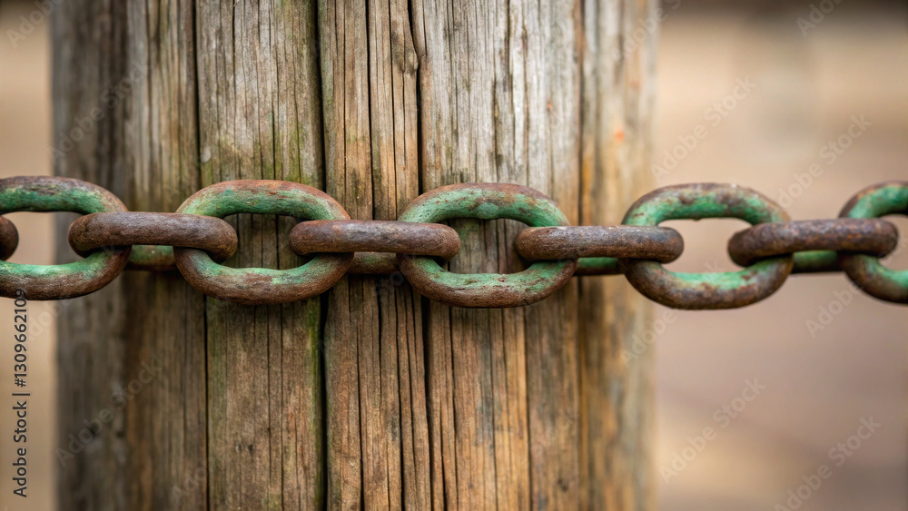 Rusty chain on wooden fence post, showcasing weathered textures and colors Rusty chain on wooden fence post, showcasing weathered textures and colors