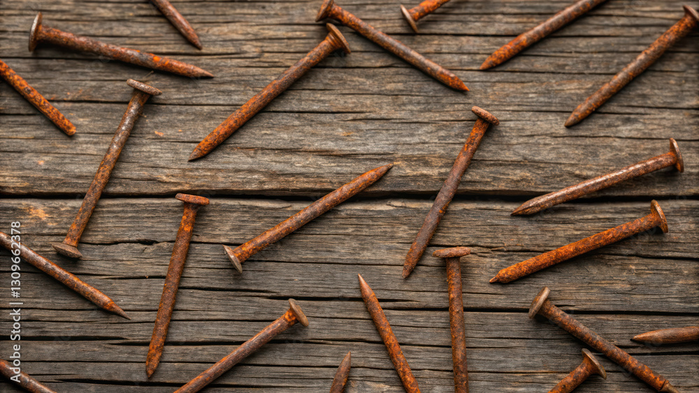 Rusty nails scattered on weathered wooden surface create rustic atmosphere Rusty nails scattered on weathered wooden surface create rustic atmosphere