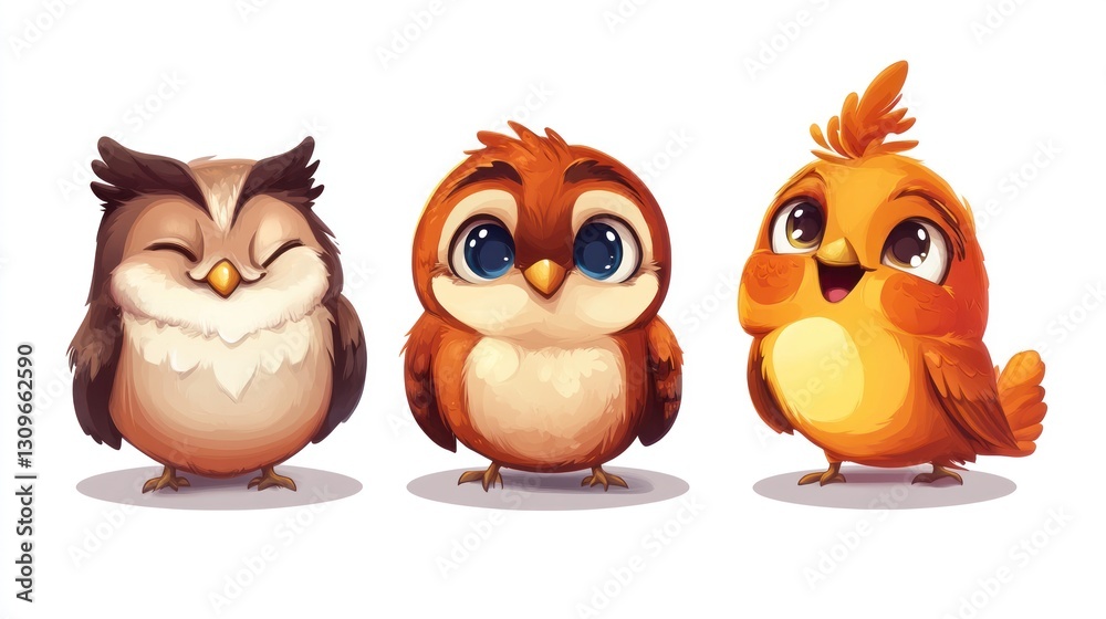 Fototapeta premium Three Cute Cartoon Birds Smiling Happily Together On A White Background