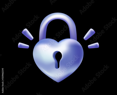 3d holographic heart. Iridescent chromatic heart in shape of closed lock with keyhole. Design element for social networks. Vector illustration in y2k style isolated on black background