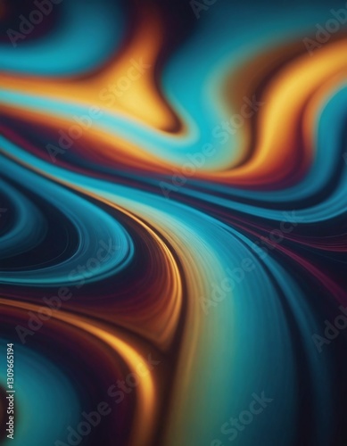 Vibrant teal and orange waves flow and intertwine in an abstract composition, creating a dynamic and luminous display of color and movement, with darker tones adding depth and a fluid, organic feel