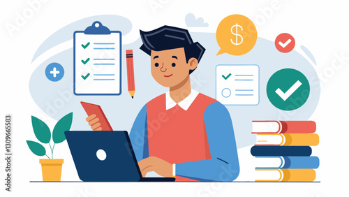 Illustration of a student reviewing their financial status before beginning the application process. Vector illustration