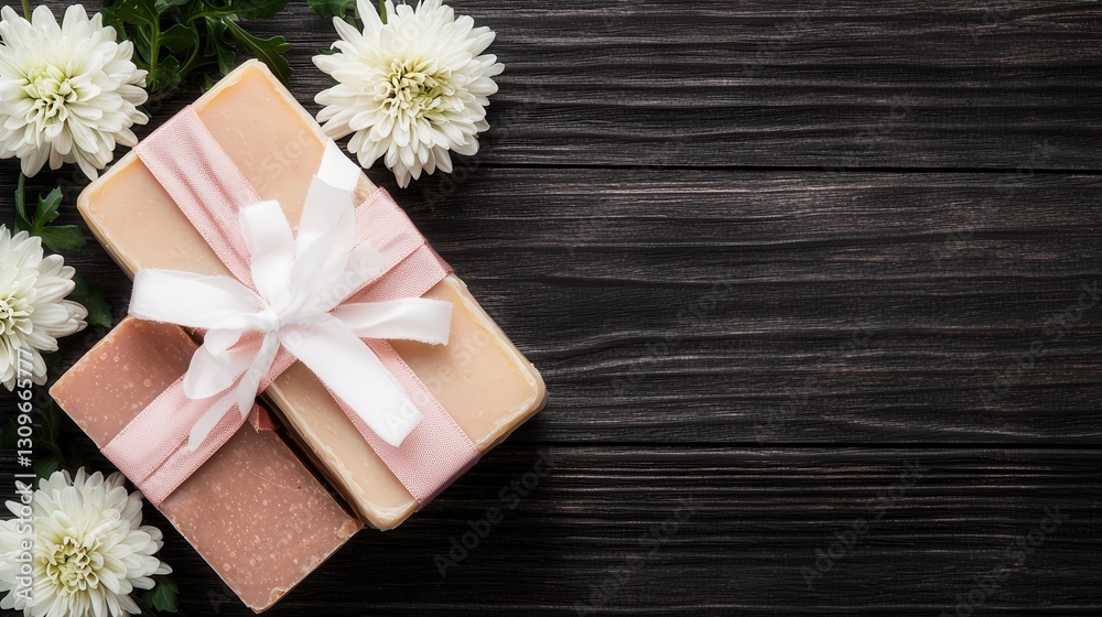 Elegant Gift Wrapped Soap Bars with White Flowers on Wooden Table Elegant Gift Wrapped Soap Bars with White Flowers on Wooden Table
