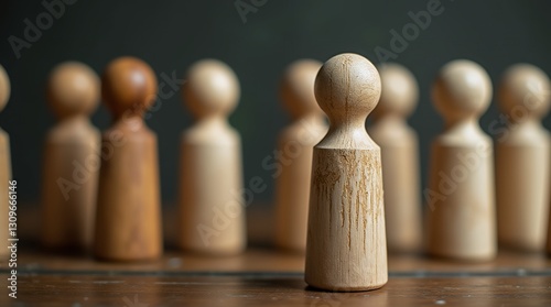 Figure in Spotlight: A single, distinctive wooden figure stands out amongst a crowd of others, alluding to the essence of uniqueness, unity, and individuality within a group. photo