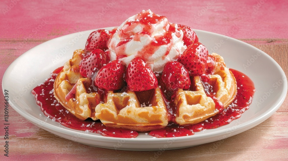 Delicious Strawberry Waffle with Cream and Sauce on White Plate Delicious Strawberry Waffle with Cream and Sauce on White Plate