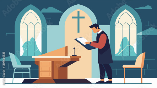 In a quiet corner of an old church an architect sketches out plans for a modernized altar and pulpit reimagining these traditional spaces with a. Vector illustration