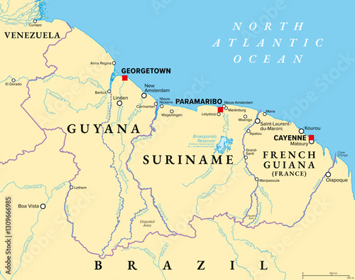 Guyana, Suriname, and French Guiana, political map. Two countries and an overseas department of France on northern coast of South America. Map with international recognized borders and disputed areas.
