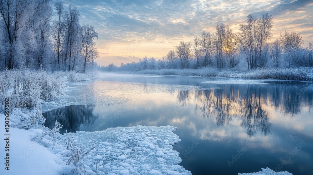 Fototapeta premium Tranquil Winter Scene with Reflective Water and Frosty Trees