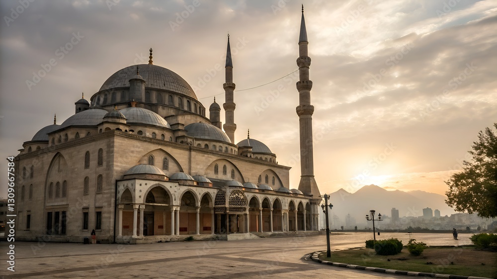 Fototapeta premium Majestic mosque at sunrise with stunning architecture and serene atmosphere