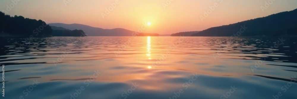 Fototapeta premium Shimmering water ripples on a calm lake surface at dawn, serene, lake scenery, calm