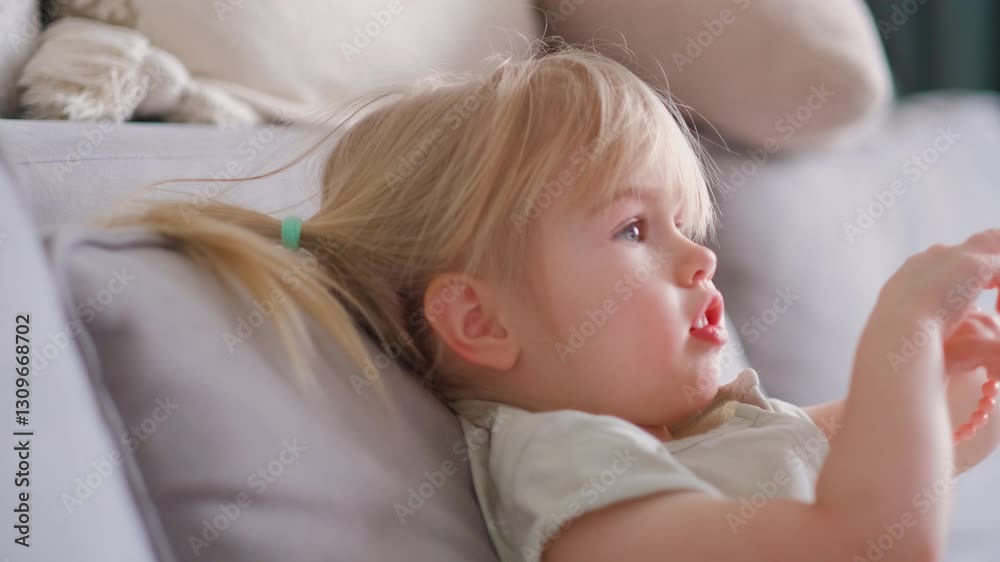The face of a child girl watching a cartoon while sitting on the couch The face of a child girl watching a cartoon while sitting on the couch