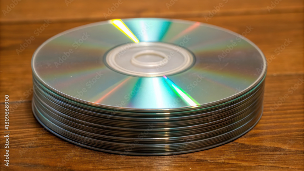 Stack of old CDs on wooden surface, showcasing nostalgia and memories Stack of old CDs on wooden surface, showcasing nostalgia and memories