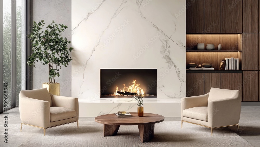 Fototapeta premium Modern living room with fireplace, marble wall, and comfortable armchairs.