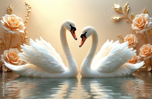 Fototapeta Naklejka Na Ścianę i Meble -  Elegant photo of two swans on water with roses in background. White birds create heart shape. Luxury, love, romance concept. Graceful composition for Valentine Day celebrations wedding design