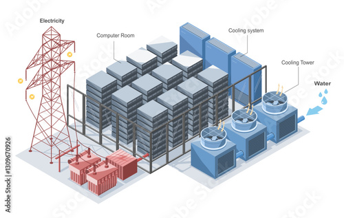 isometric Data Center server room infrastucture with cooling system and power supply isolated diagram