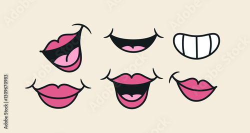 70s groovy comic set. Cute retro icons with cartoon smiling lips or mouths expressing the emotion of joy. Design Elements for Stickers. Outline doodle illustration collection isolated on background