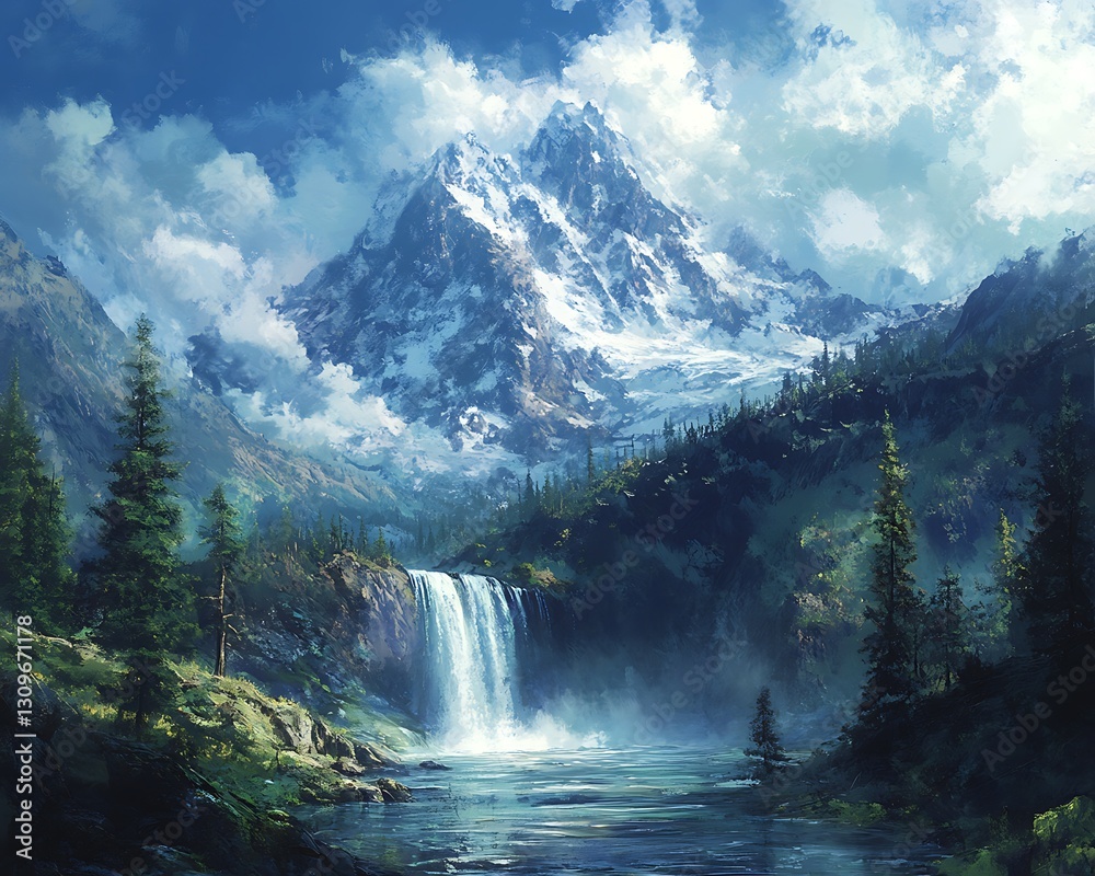 Fototapeta premium Waterfall flows mountain valley landscape art