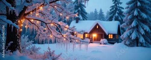 Snow-covered tree branches heavy with icicles that refract and reflect twinkling cabin lights, peaceful, snowy trees, winter