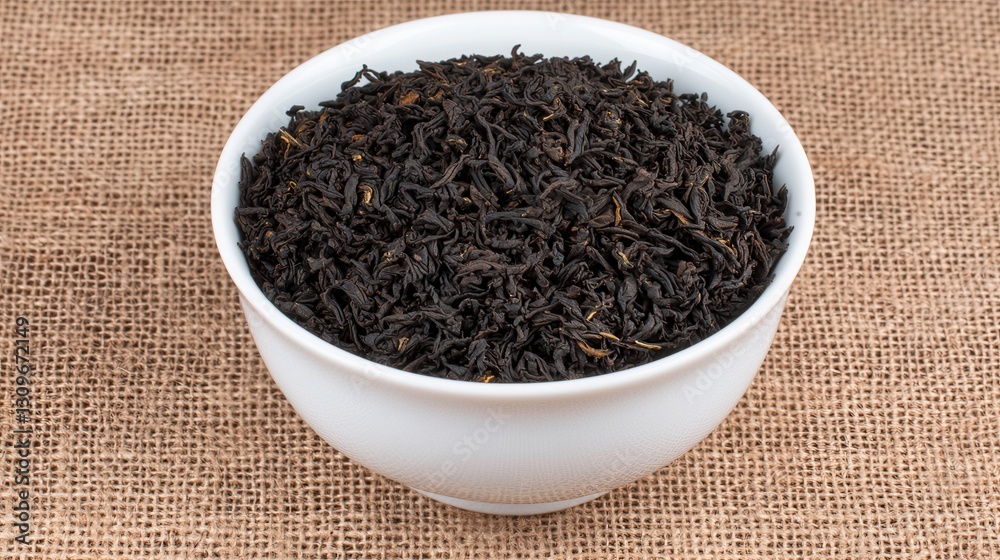 Dried Black Tea Leaves in a White Bowl on Jute Background Dried Black Tea Leaves in a White Bowl on Jute Background