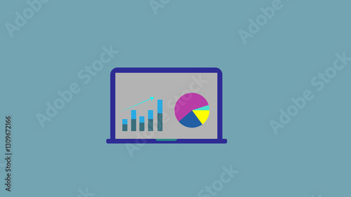 A laptop screen displays a bar graph and pie chart, illustrating data analysis and insights. Perfect for presentations, reports, and business analytics.