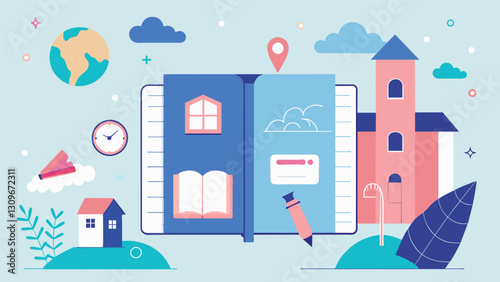 In the corner of a page a sketch of a dream house is surrounded by images of travel destinations and career goals all coming together in a vision. Vector illustration
