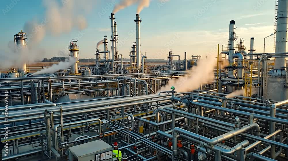 Oil Refinery with Smoke Stacks and Complex Piping System
