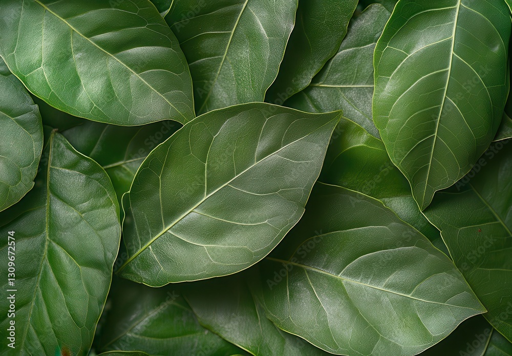 Naklejka premium Close-Up of Various Green Leaves with Rich Textures and Vibrant Color for Natural and Organic Backgrounds, Nature Lifestyle, and Botanical Themes
