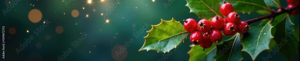 Sparkling holly berries on a branch with stardust, shimmer, Christmas, decorations