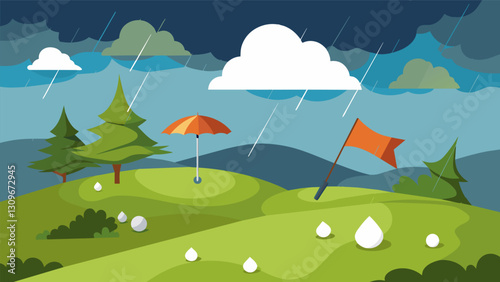 The virtual simulation of a rainy and windy day on the course allowing golfers to practice playing in challenging weather conditions.. Vector illustration