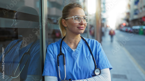 Young woman doctor with short blonde hair and stethoscope standing confidently outside a hospital in an urban city setting reflecting her image in glass.