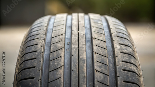Worn out tire tread showing wear and dirt, highlighting usage and condition