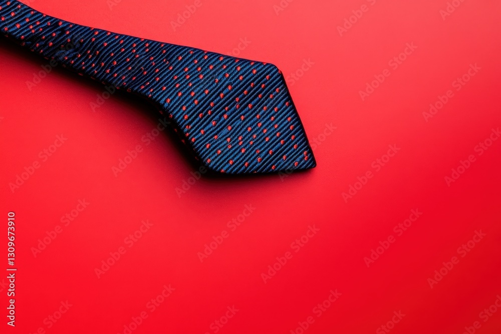 A patterned blue necktie lies on a vibrant red surface A patterned blue necktie lies on a vibrant red surface