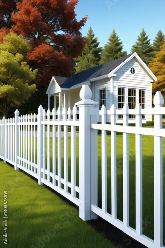 painting of a white picketed fence in front of a house